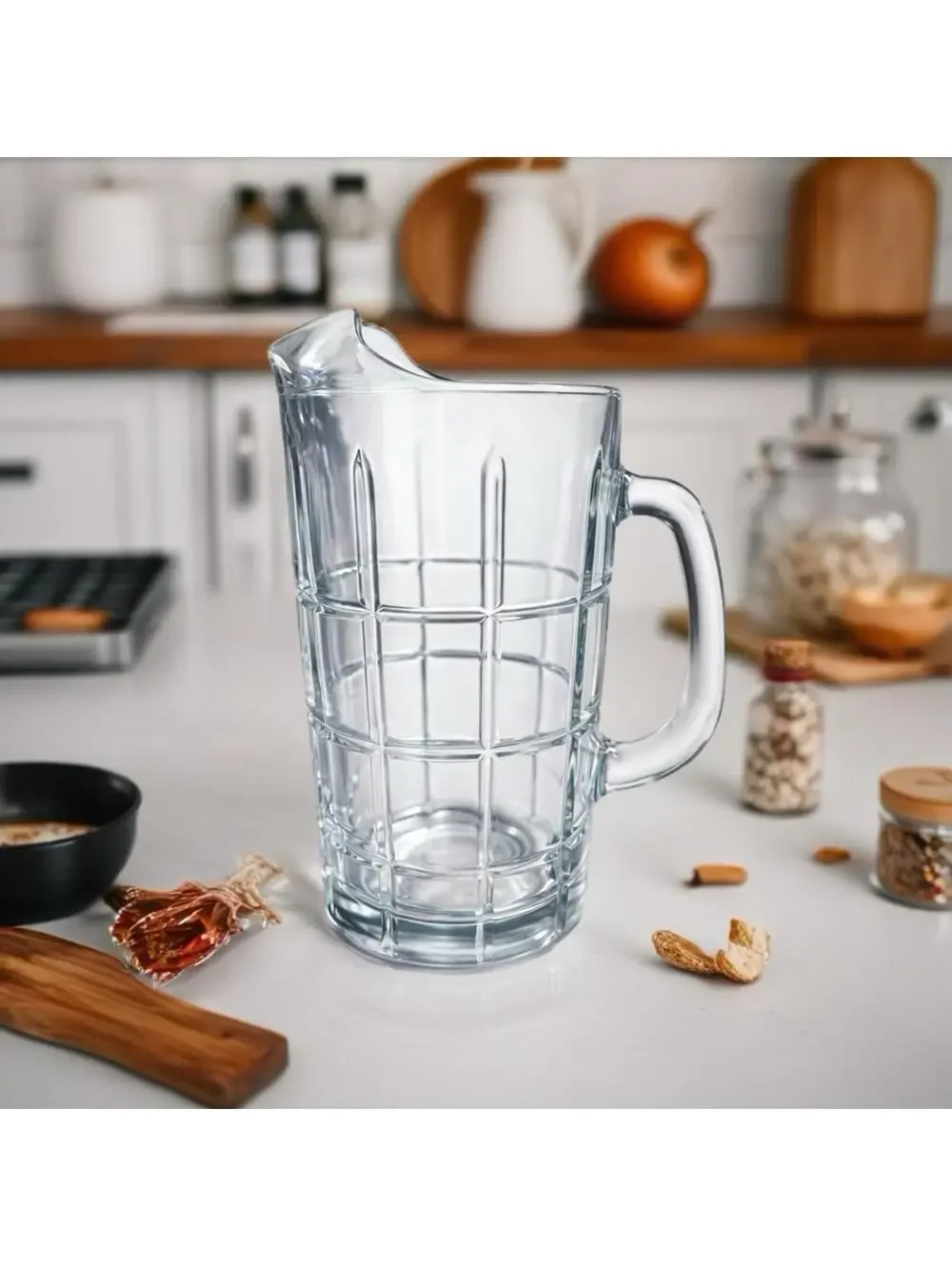 Vintage-Style Clear Glass Pitcher with Grid Pattern - 7.5 Inch Tall
